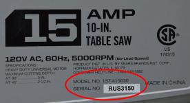 Model and Serial Number on Recalled Sears Table Saws